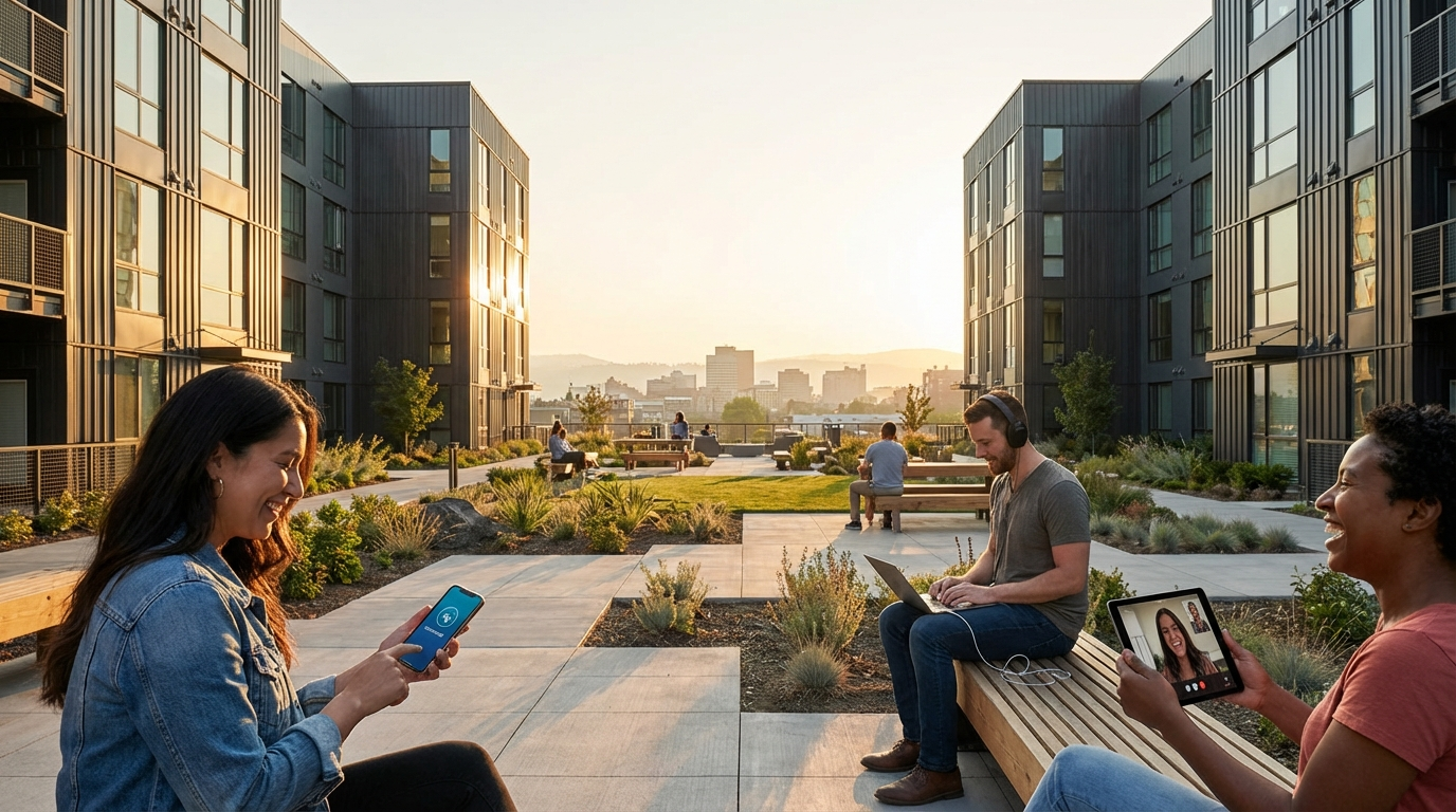 Spokane cityscape showing modern apartment buildings with advanced internet infrastructure