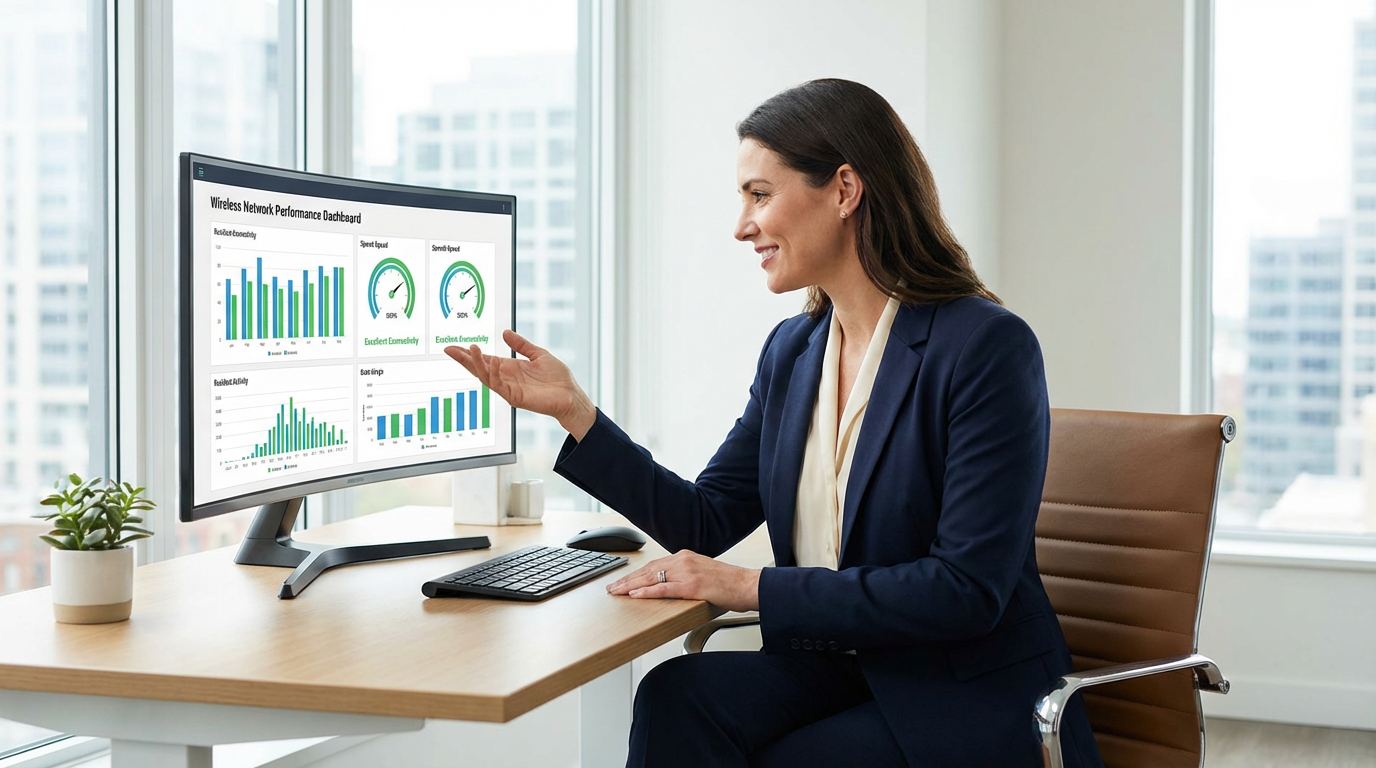 Property manager reviewing Springfield MDU Internet Provider connectivity dashboard showing network performance metrics