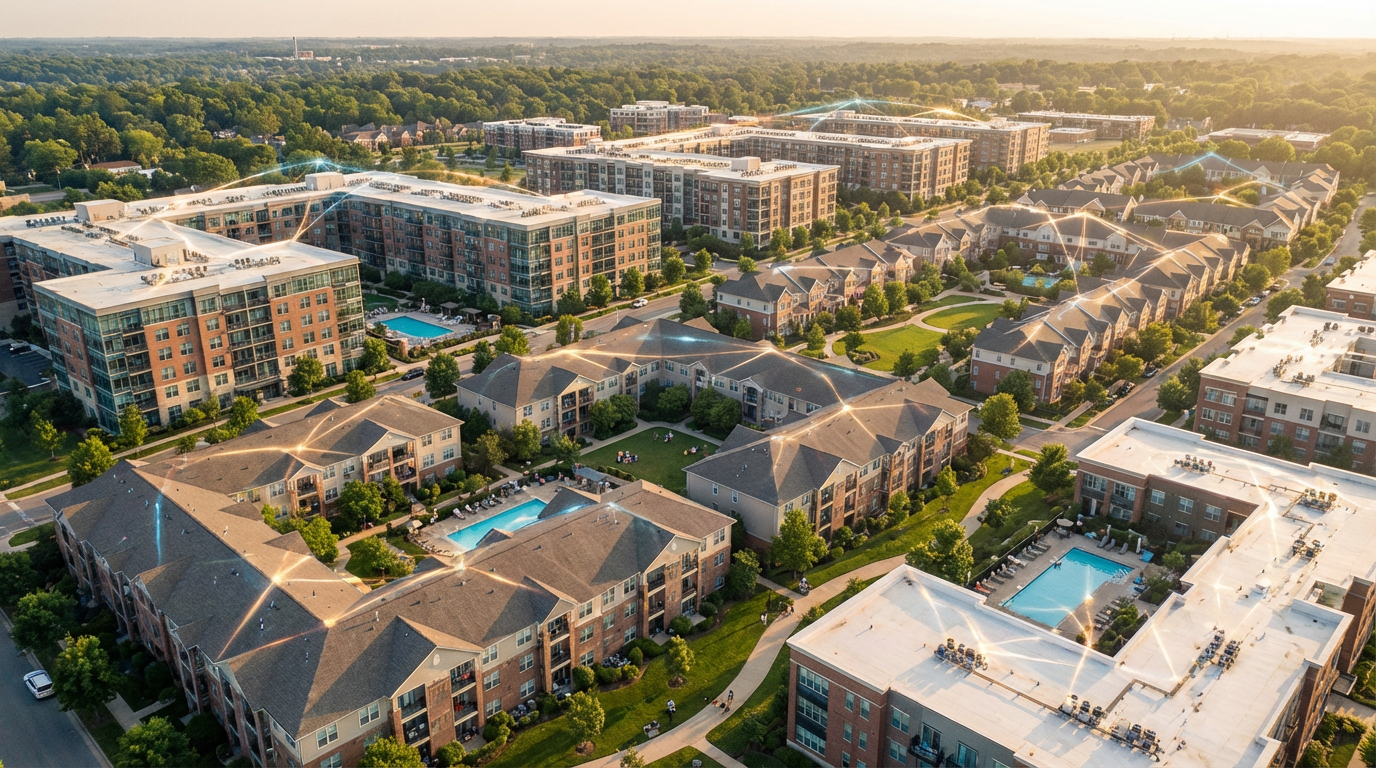 Aerial view of Springfield neighborhoods showing fiber optic network coverage areas for MDU properties
