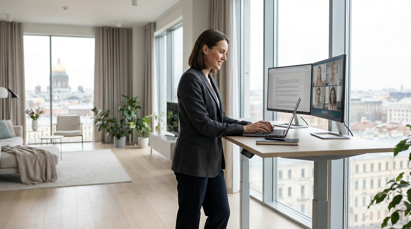 Resident enjoying high-speed internet for remote work in St. Petersburg apartment