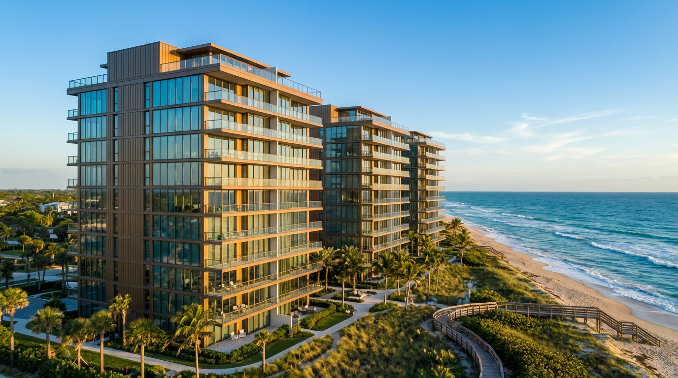 Aerial view of Vero Beach oceanfront condominiums with modern fiber optic infrastructure