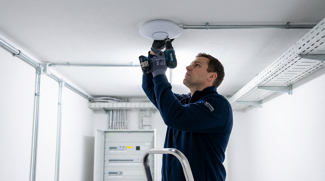 Network technician installing fiber optic equipment in Vero Beach apartment building utility room