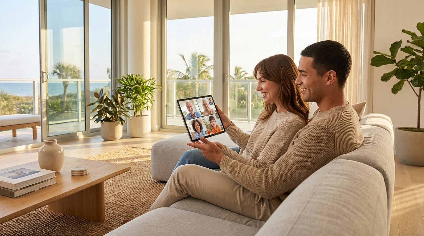 Happy residents using high-speed internet in modern Vero Beach apartment living room