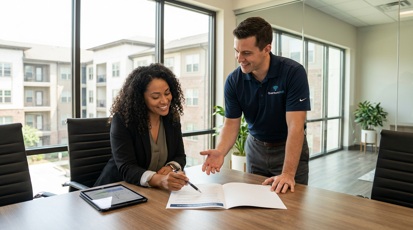 Property manager reviewing Vero Beach MDU Internet Provider service agreement with provider representative