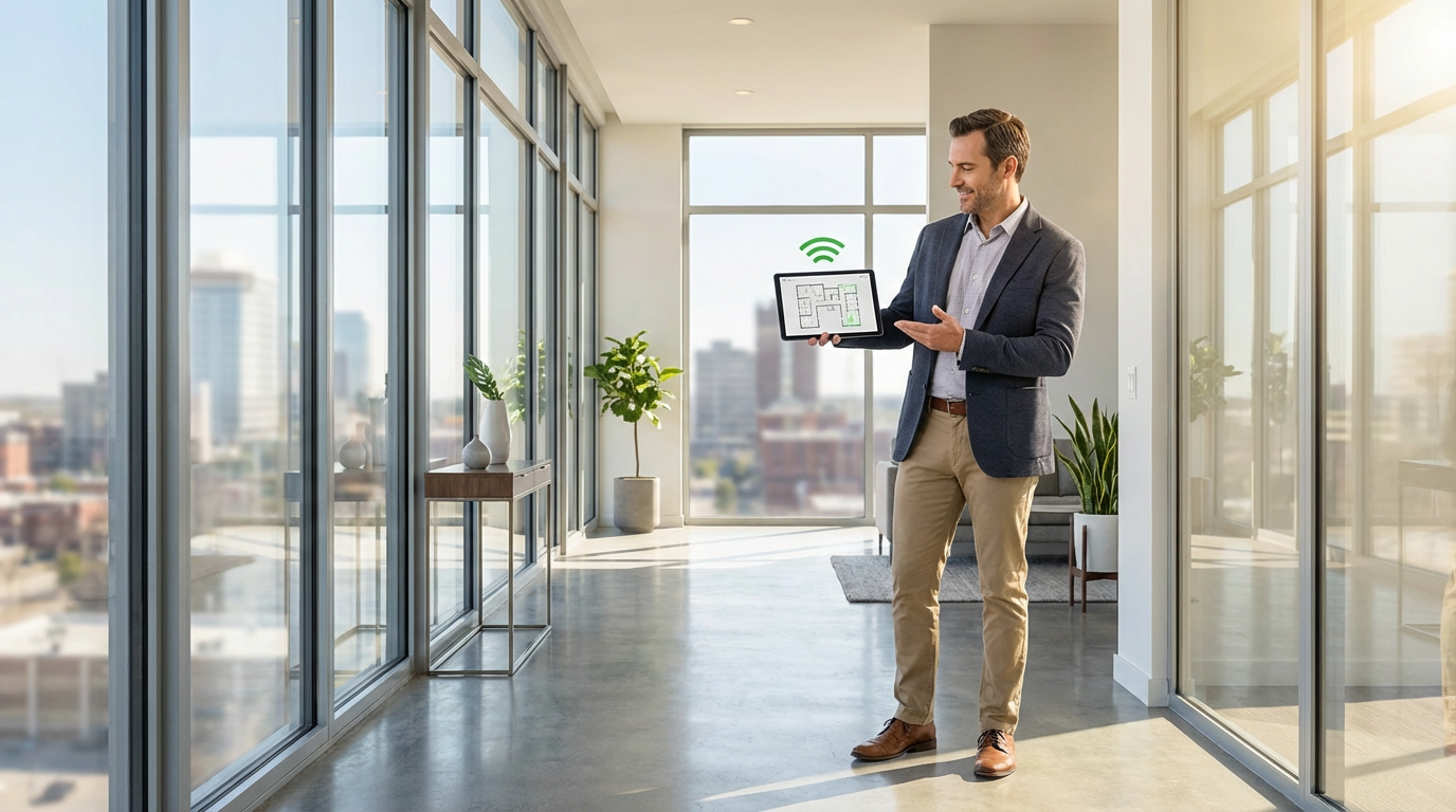 Modern Wichita apartment building with high-speed fiber internet infrastructure installation in progress