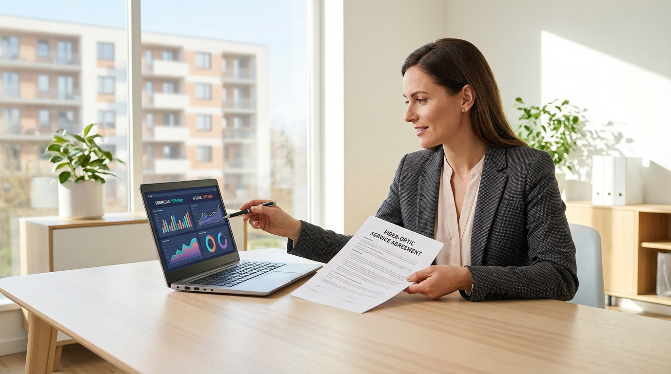 Property manager reviewing Wichita MDU Internet Provider contract with fiber-optic speed specifications