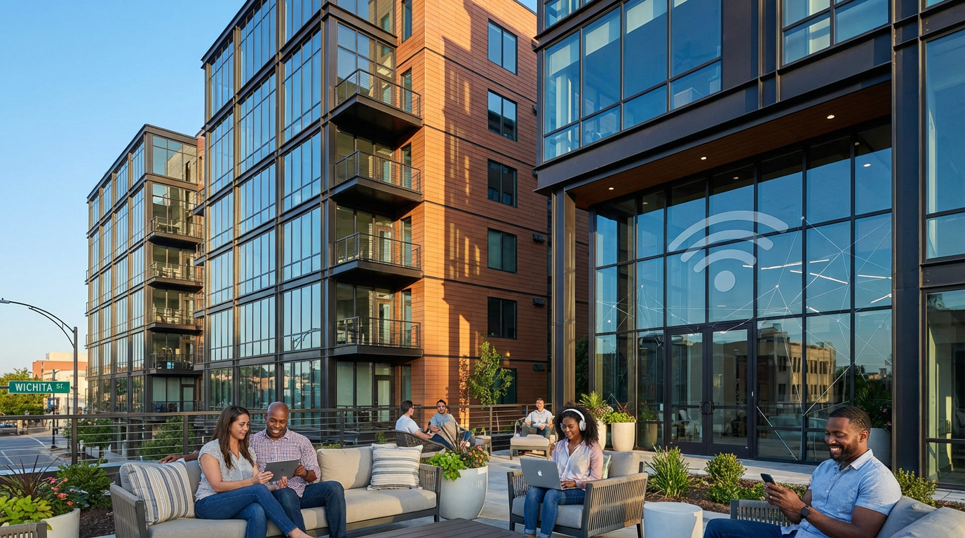 Aerial view of downtown Wichita skyline showing multiple MDU buildings with modern internet infrastructure