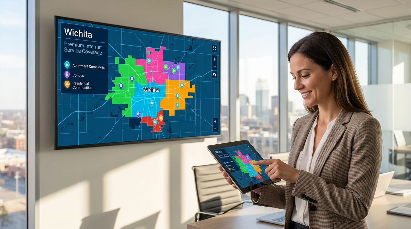 Map of Wichita neighborhoods highlighting areas with premium MDU internet service availability