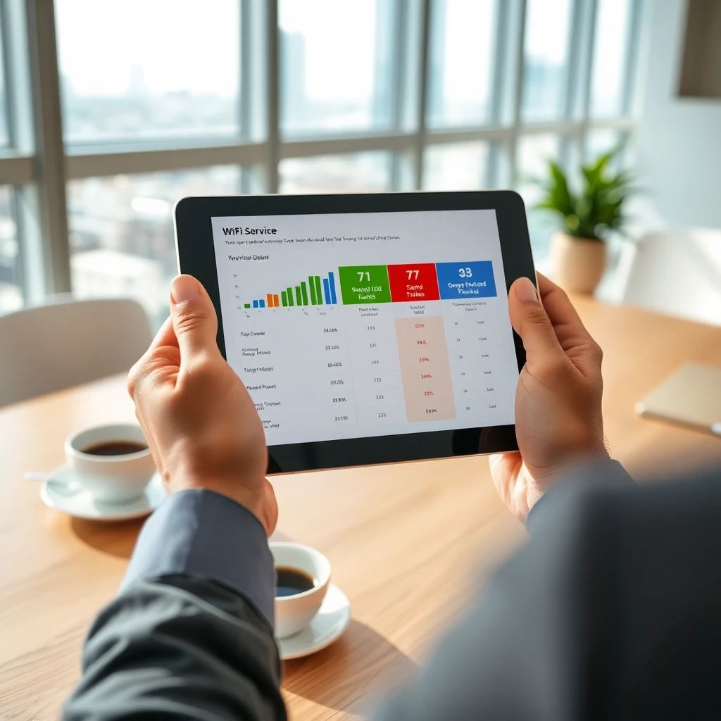 Business owner comparing WiFi for commercial tenants service plans on a tablet device