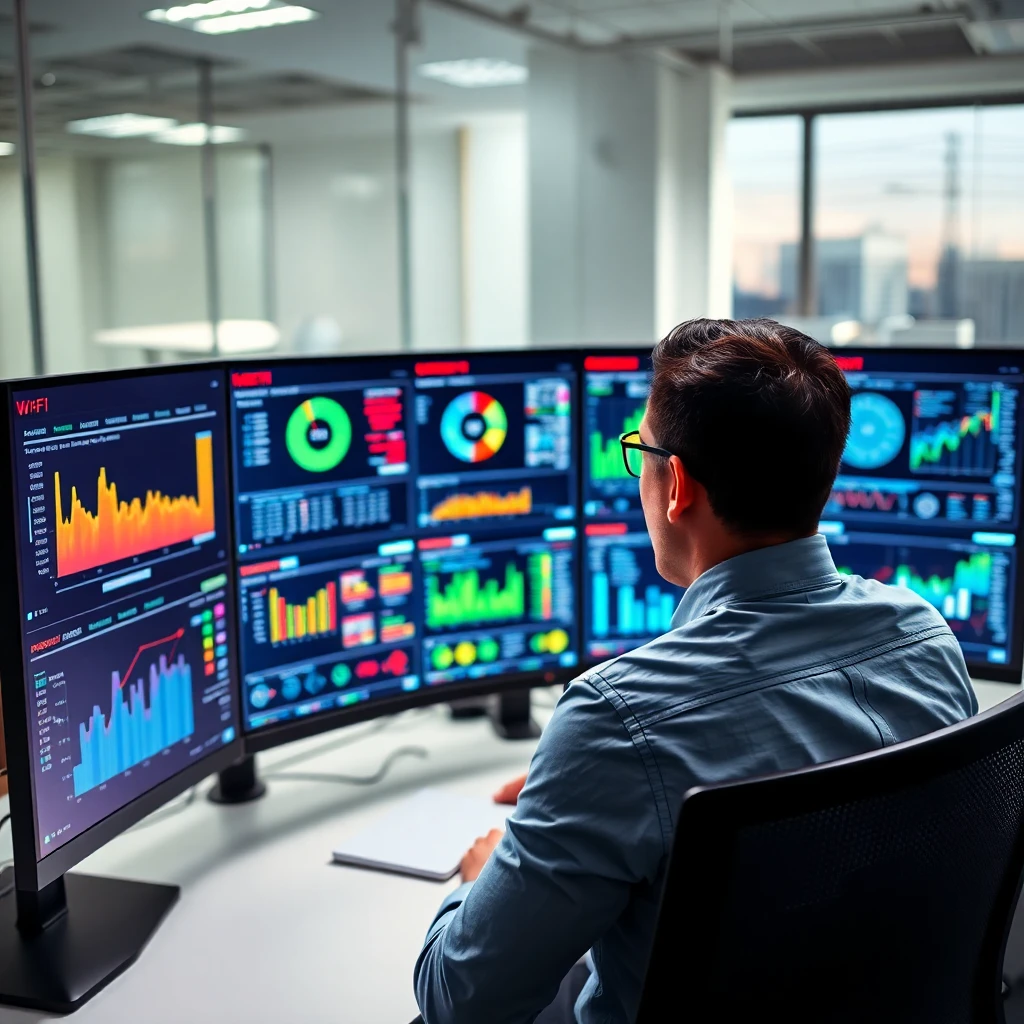 Network administrator monitoring WiFi for commercial tenants performance dashboard on multiple screens